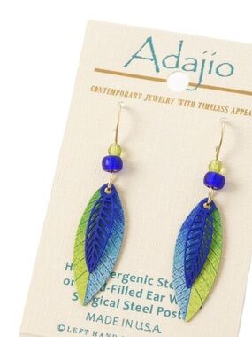 Adajio Earrings - Cobalt Blue Filigree Leaf over Blue and Green Leaf